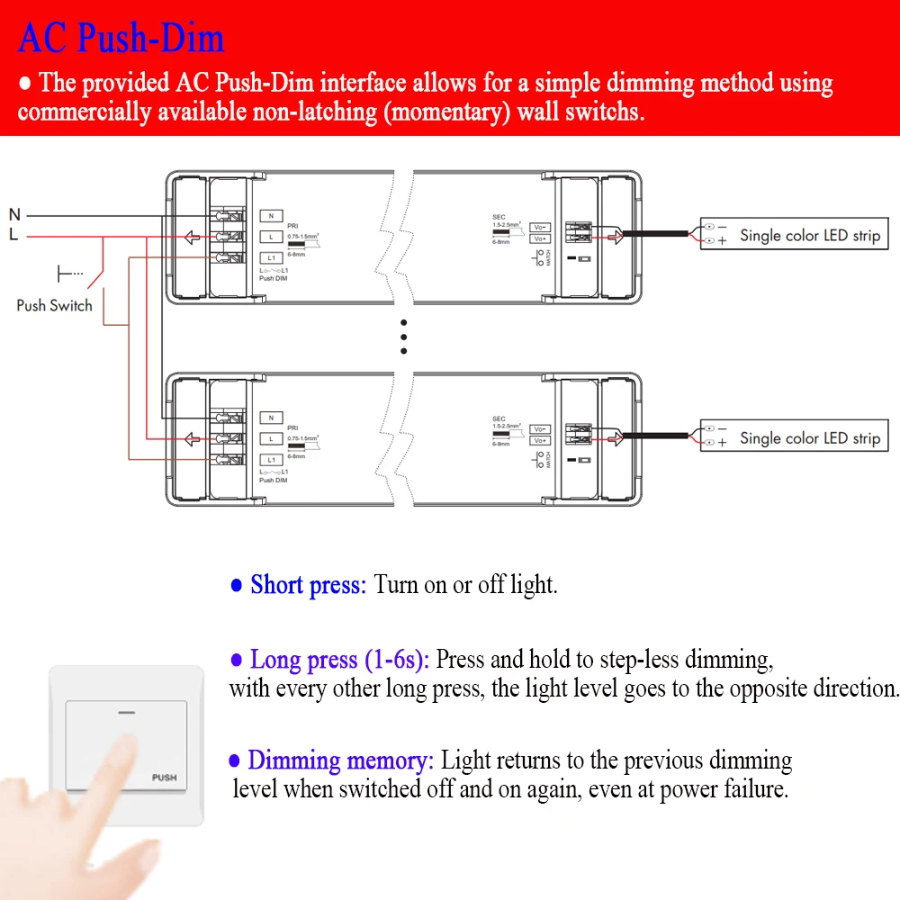 150W Dimmable LED Driver With RF Wireless Remote Dimming Push-dim AC 110V 220V 230V Power Supply DC 12V 24V Dimmer Transformer