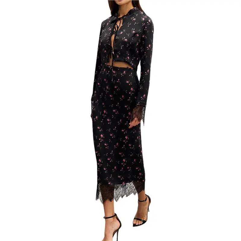 

CYL-Women's Chiffon Maxi Dress - Long Sleeve, Floral, Wedding Guest Attire With Pockets