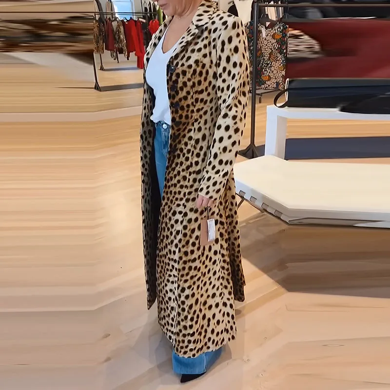 

Модная тонкая куртка с лацканами, осенняя новая женская верхняя одежда с карманами для отдыха, уличный Тренч с длинными рукавами и леопардовым принтом