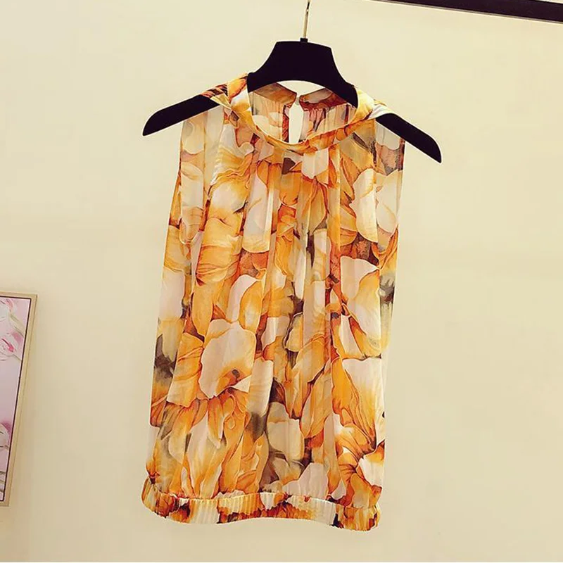 Orange Floral Printing Chiffon O-Neck Sleeveless Loose Pullover Women\'s Blouse Shirt Korean Fashion Female Clothing Tops 2024