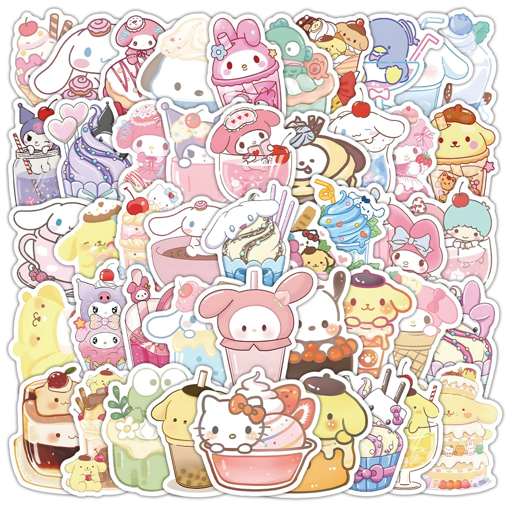 

10/30/53pcs Cute Cartoon Sanrio Food Stickers Aesthetic Hello Kitty Kuromi My Melody Anime Decals Helmet Suitcase Kawaii Sticker