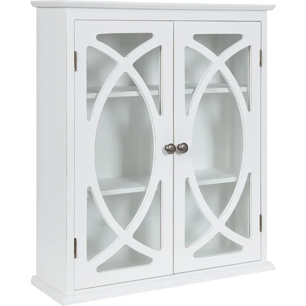 Kitchen Cabinets, White, Decorative Traditional Storage Cabinet, Two Glass Doors and Three Interior Shelves, Kitchen Cabinets