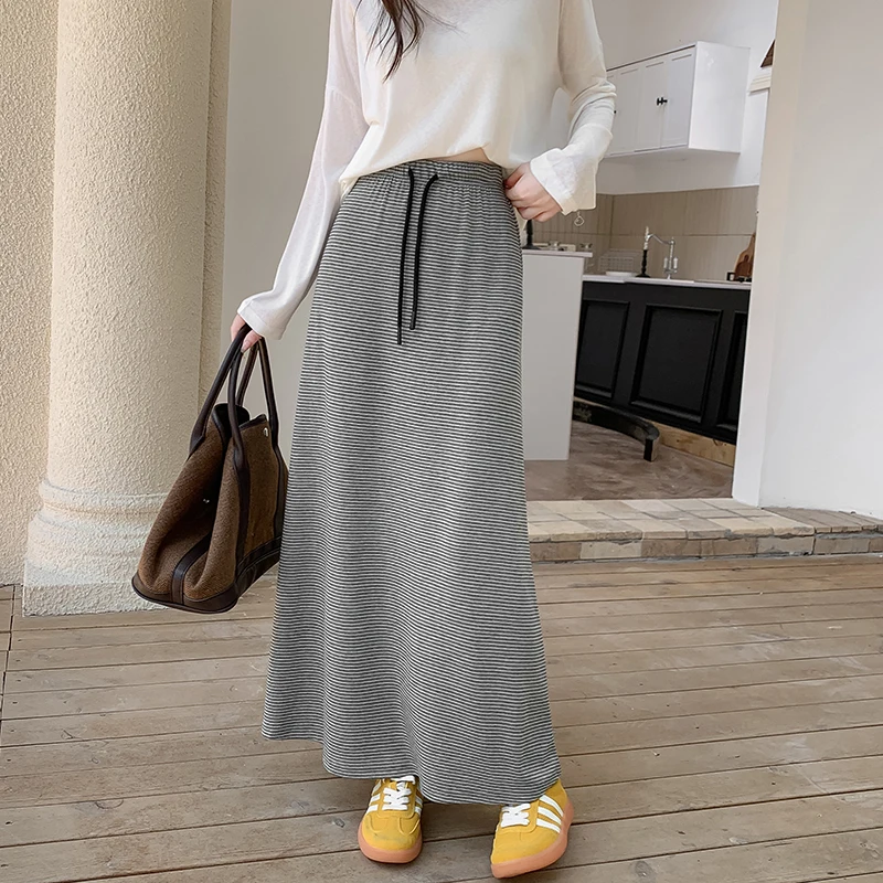 

Корейская мода, винтажная длинная юбка в полоску, женская одежда, весна-осень, новый дизайн, юбки-миди с высокой талией и завязками