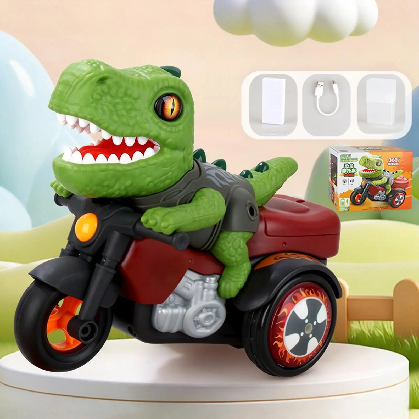 Dinosaur Stunt Toy Interactive Motorcycle 360 Degree Rotation with LED Light and Music Dynamic Rhythmic Play Experience for Kids