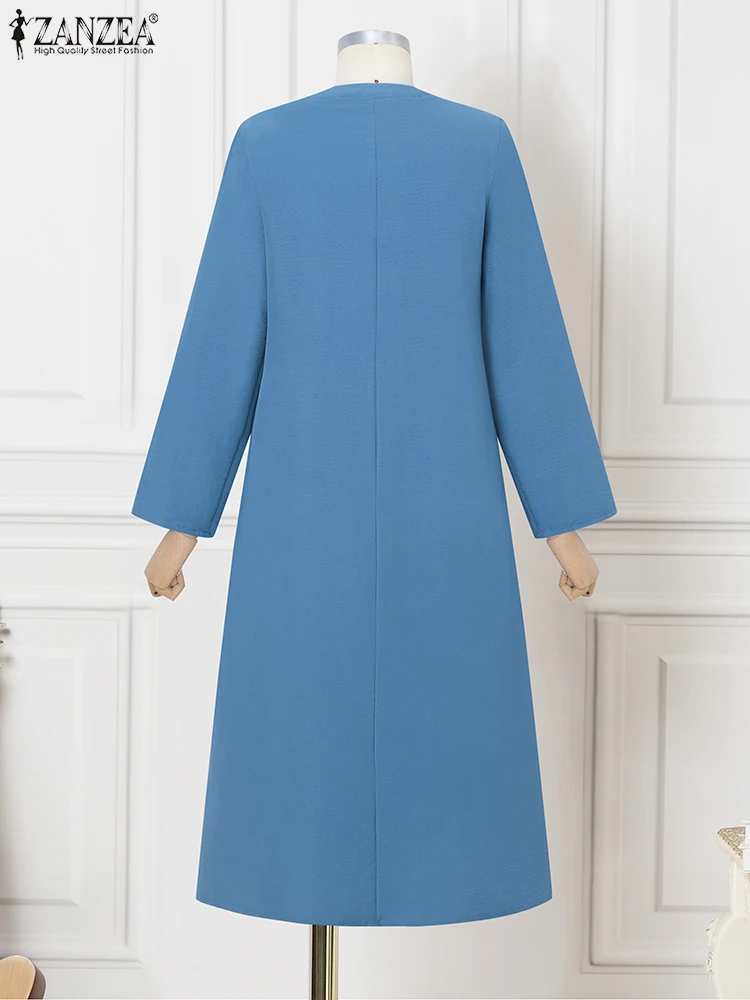 2025 ZANZEA Donna Elegante Scollo a V Abiti a maniche lunghe Autunno Ufficio Vestito estivo Solido Abito allentato Una linea Midi Robe Abiti a pieghe