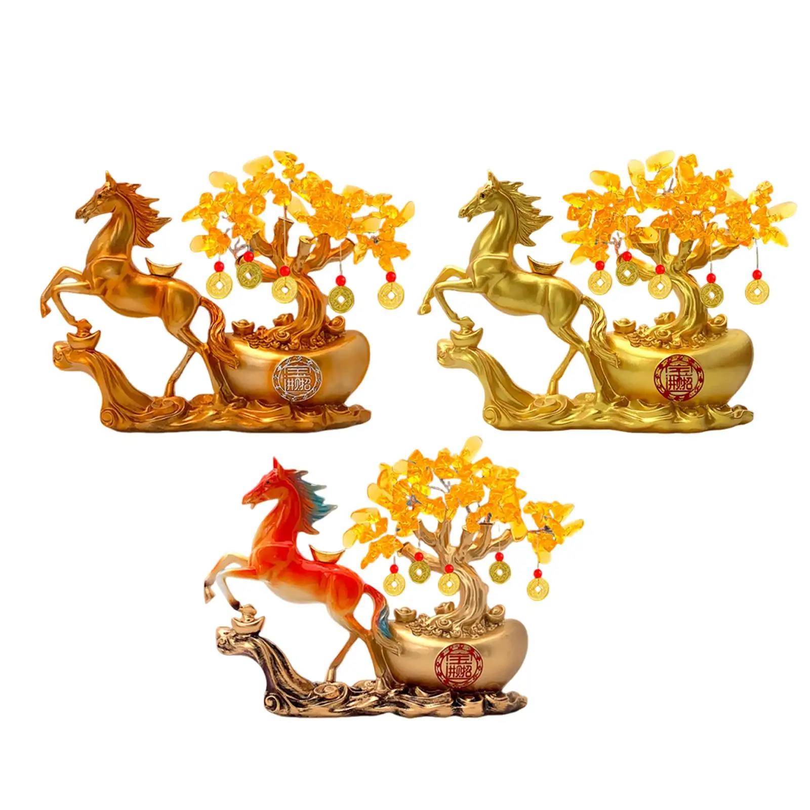 Resin Money Tree Horse Sculpture Feng Shui Gold Statue Collectible Ornament for Buddha Home Decoration