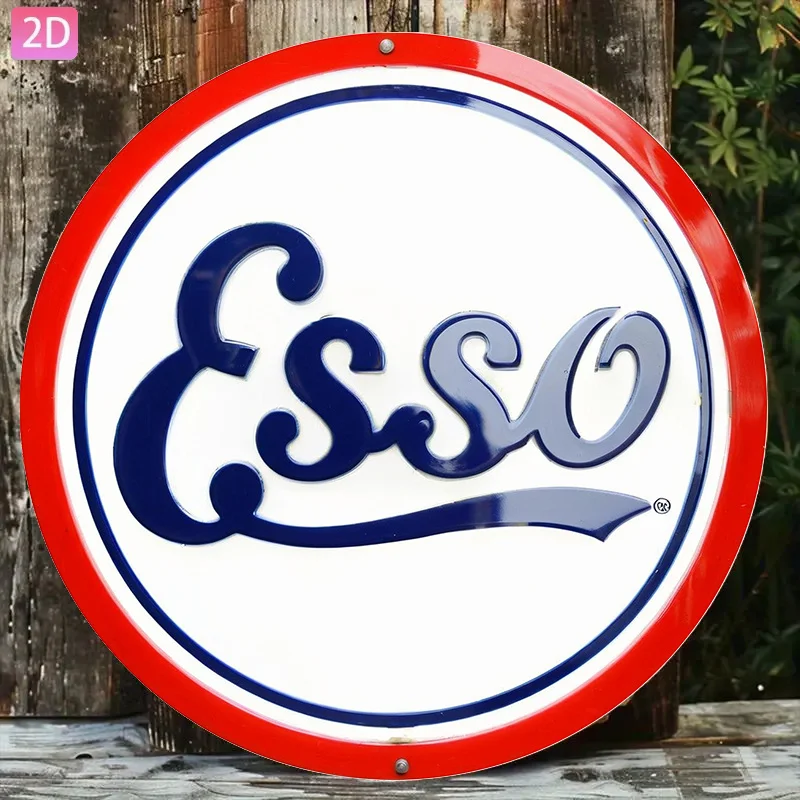 2D Flat, Vintage Esso Gasoline Pump Sign - Aluminum Retro Metal Wall Decor with Red & Blue Logo, Weather-Resistant Automotive Ga