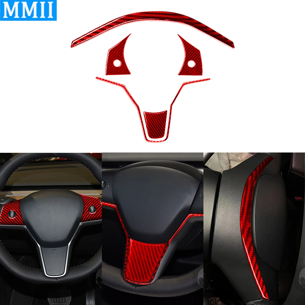 5 Pcs Red Carbon Fiber Steering Wheel Panel Cover Decorative Suit Car Interior Sticker For Tesla Model Y 2020+ Model 3 2017-22