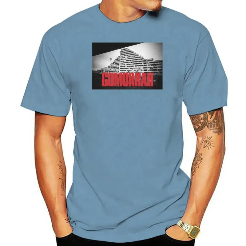 Title: Gomorrah Building & Logo Box Art Mens White T-Shirt men t shirt