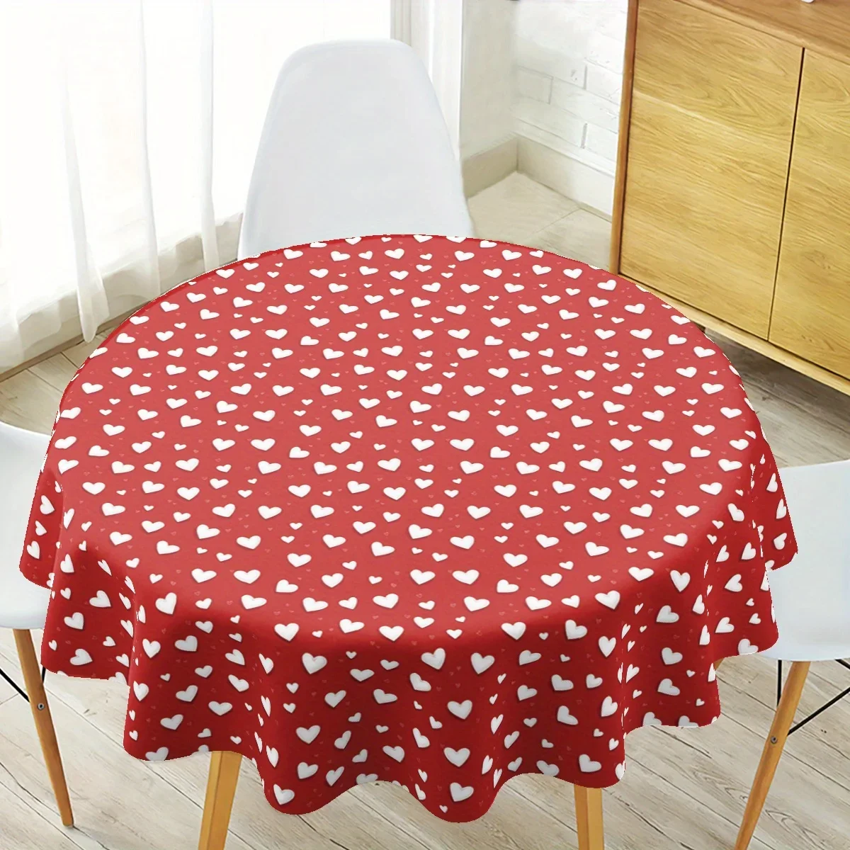 One red heart patterned tablecloth, 62-inch round polyester fiber, romantic restaurant decoration, suitable for the kitchenxzj