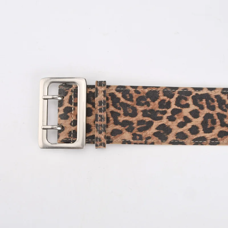 Western Leopard Print Double Pin Buckle Leather Wide Women Waistband Belt Joker Dress Coat Belt for Ladies