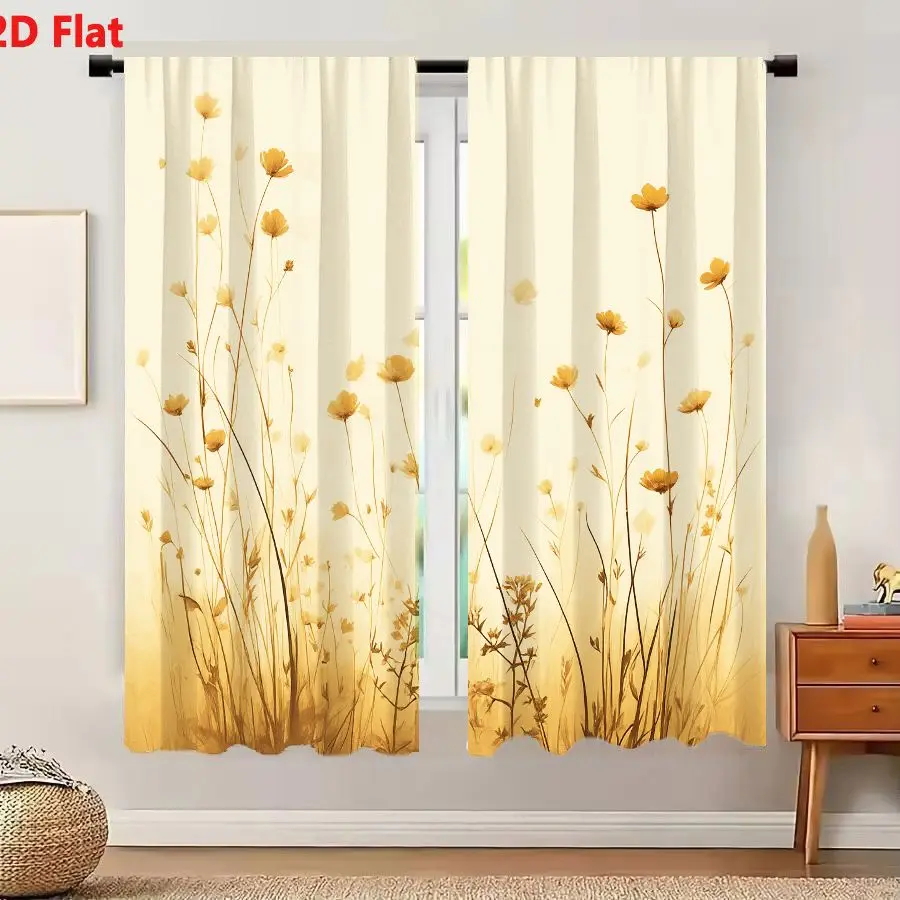 2Pcs Curtains 2D Flat Soft Painterly Wildflowers Field Sepia Background Vintage Nostalgic Buttercups Daisies Dreamy Impressionis