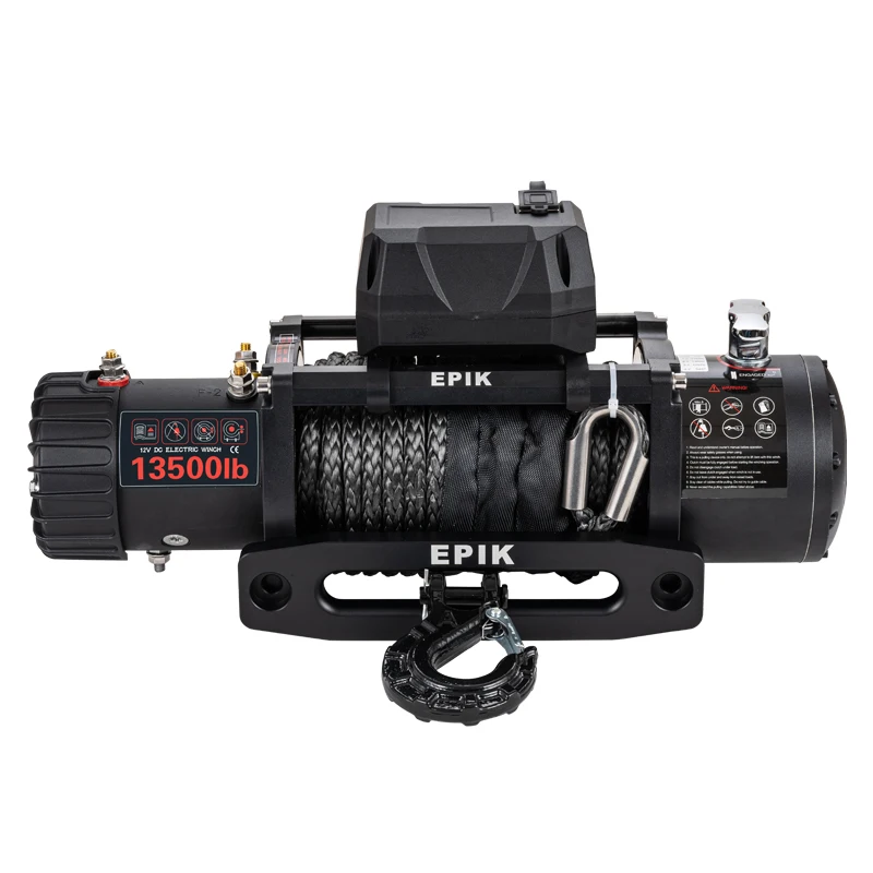 ] High-performance 4x4 winch for off-road vehicles, with a capacity of 13,500 pounds and 26 meters. Synthetic rope 12v DC motor