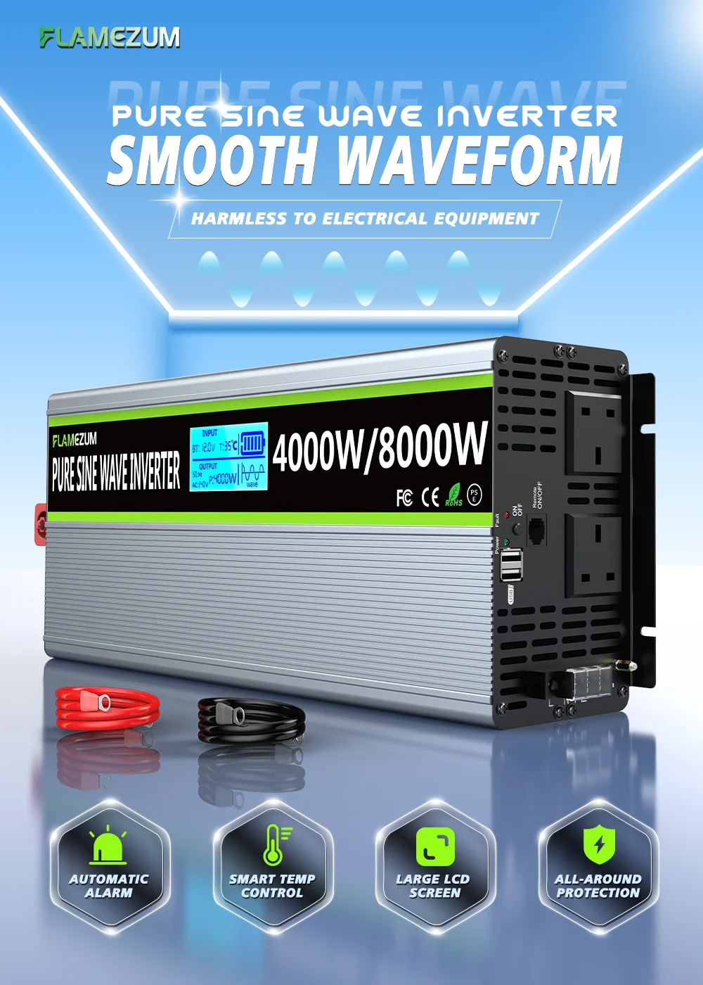 U.K Plug Pure Sine Wave Power Inverter 8000W DC 12V/24V To AC 240V Frequency Converter 50hz Solar Car Inverter Transformer LED