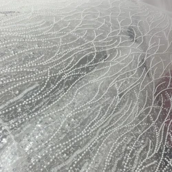 130CM Wide Gauze Embroidered Beading Lace Pearls Crystal Sequins Lace Fabric for Wedding Off White 1 Yard Price 2023