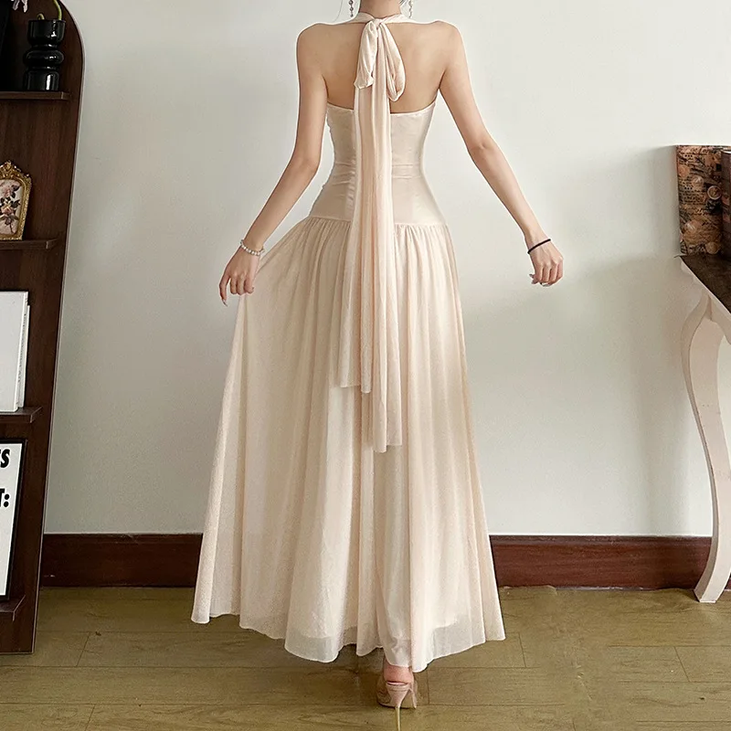 ヨーロッパとアメリカの春の新作レディースハイウエストファッションホルターネックバックレススリーブドレス