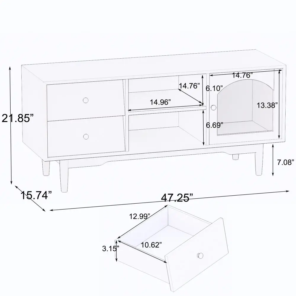 Soporte de TV blanco para sala de estar con cajones y Estantes abiertos, un gabinete con puertas de vidrio para almacenamiento