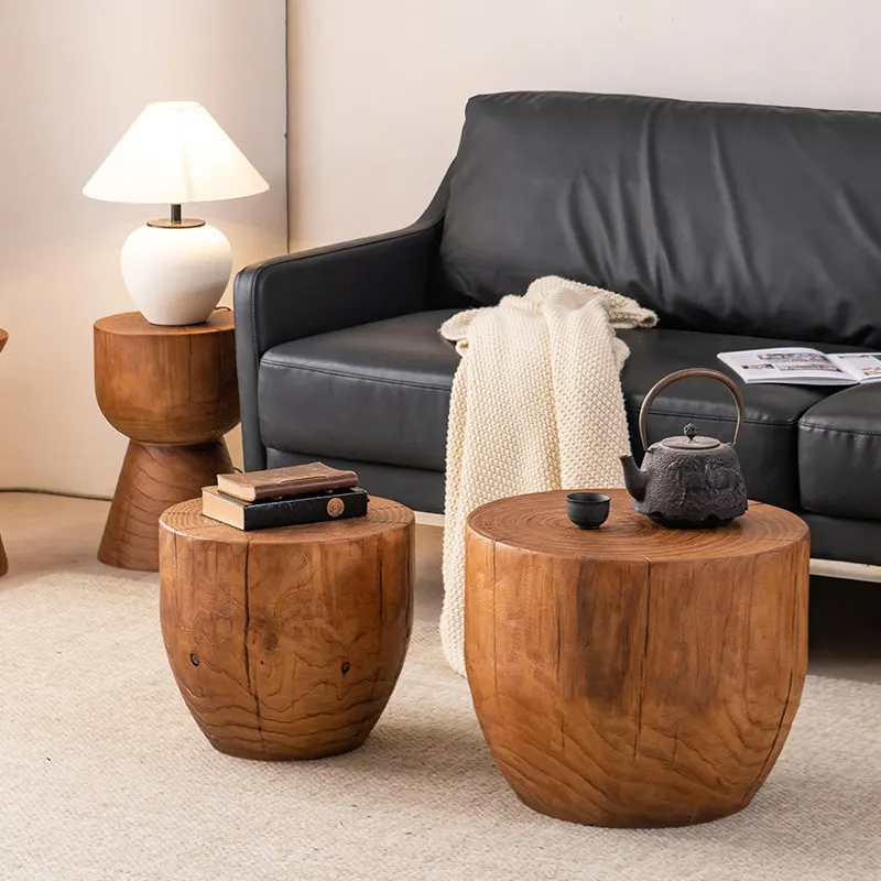 Solid wood living room wooden pier sofa coffee table round stump pier edge log retro homestay simple teak color coffee table