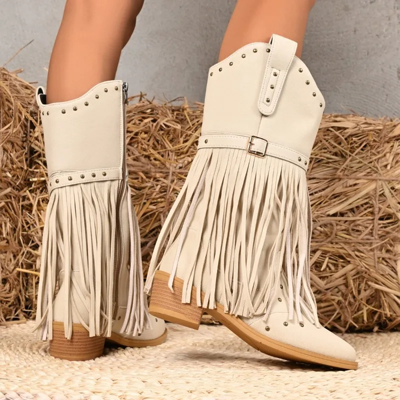 Tassel Short Thigh Boots Women's Fashion Pointed Toe Suede Studded Metal Belt Buckle Non-Slip Wear-Resistant Block Heel Shoes