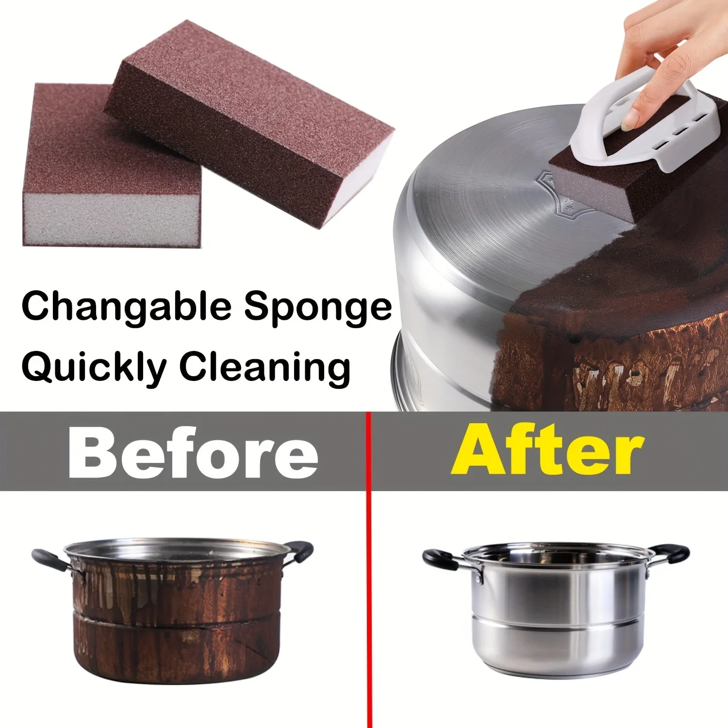 Emery Sponge Pot Brush with Handle,Nano Carborundum Magic Eraser Sponge,Wet Dry Scrubber for Quick Kitchen Stain Removal
