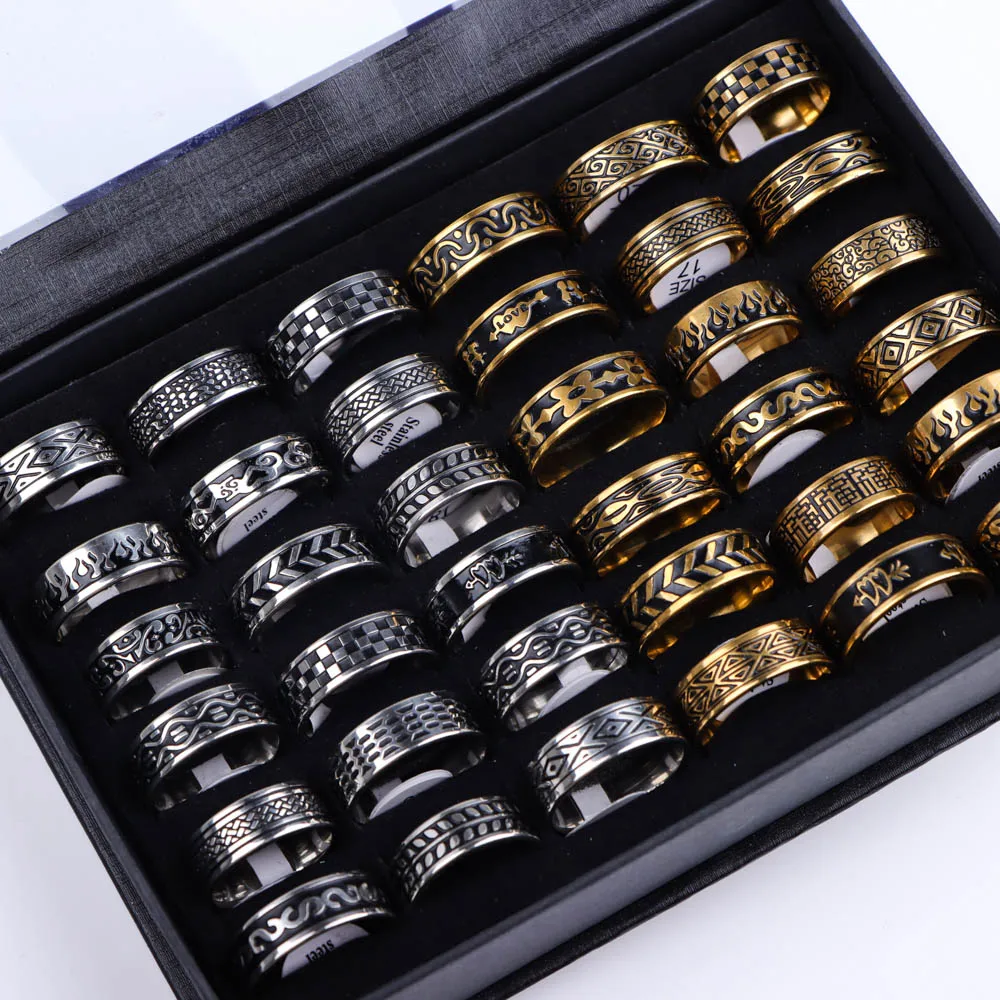 10/20/30Pcs/Lot Vintage Drip Oil Stainless Steel Rings Men Women Fashion Carving Random Style Daily Party Gifts Jewelry No Box