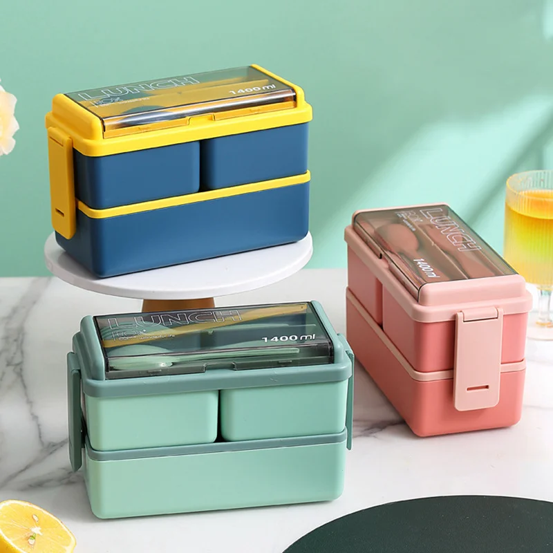 Portable 2 layered 1400ml Lunch Box Microwave Heatable Kids Student Bento Box With Fork Spoon Worker Lunch Box Plastic