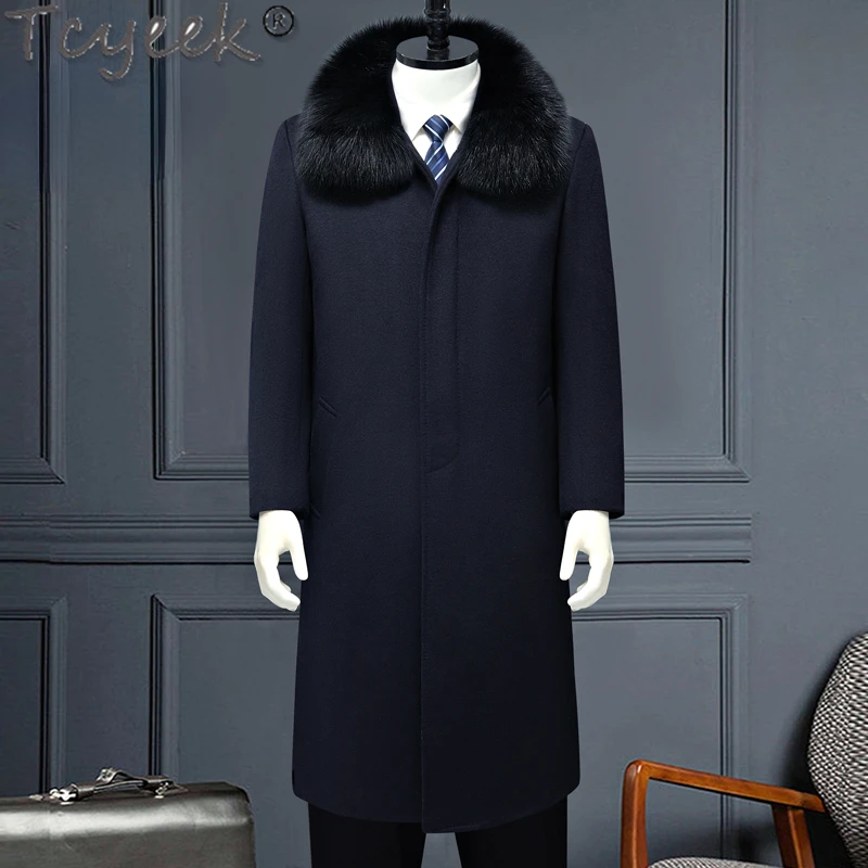 

Tcyeek 85% Cashmere Mens Jackets Fashion Long Woolen Coat Warm Real Fox Fur Collar Casual Men Clothing Detachable Down Liner