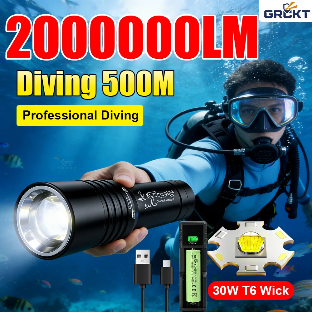 2000000LM Powerful LED Diving Light Underwater Diving Torch Waterproof Portable Magnetic Switch Lamp Survival Fishing Flashlight