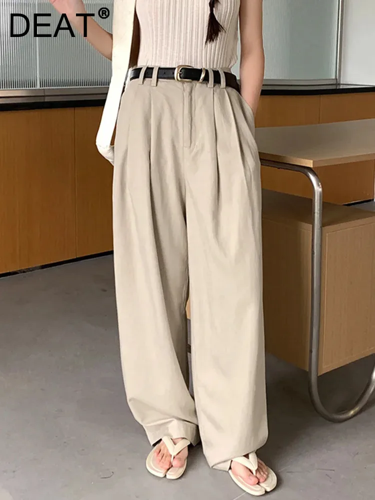 DEAT Fashion Women\'s Pants Belt High Waist Pockets Folds Sagging Sensation Full-length Wide Leg Trouser Autumn 2024 New 7AB4488