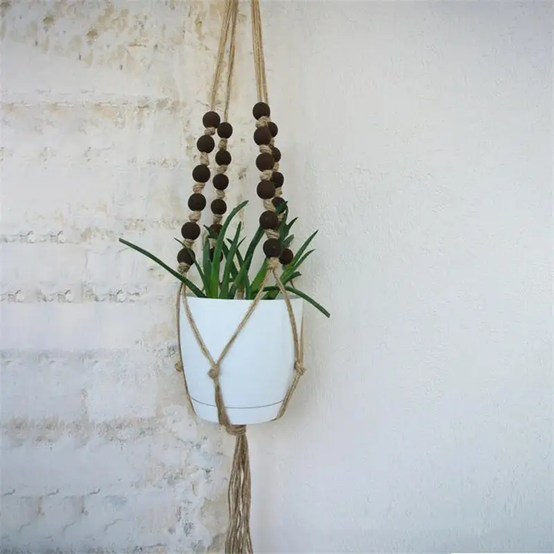 Soporte de macramé con cuentas de madera de colores, maceta de flores tejida a mano, cesta colgante para plantas de interior, bonsái, decoración del