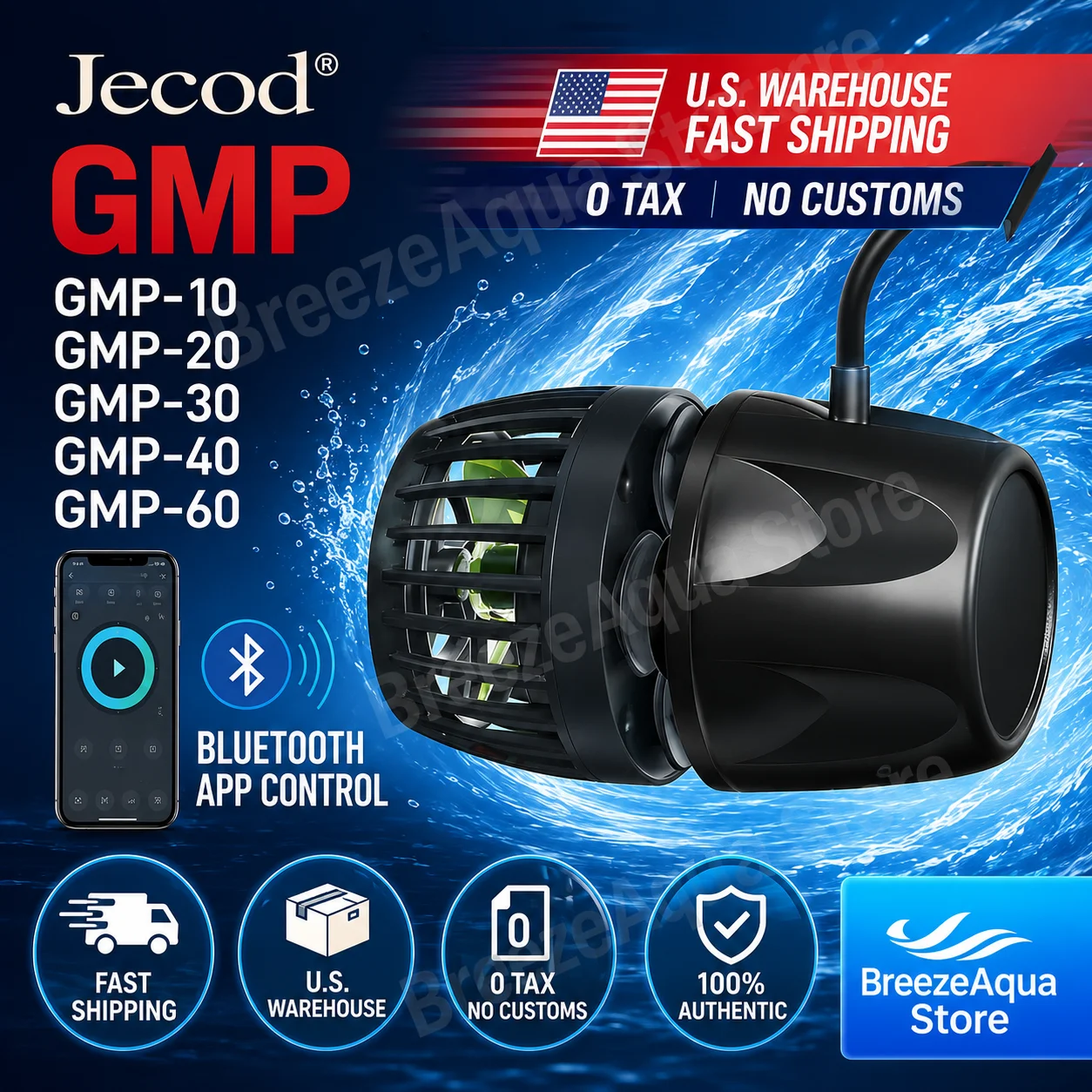 Jebao Jecod GMP Bluetooth APP Wave Maker Pump Aquarium Powerhead U.S. Warehouse Tax Free Fast Shipping