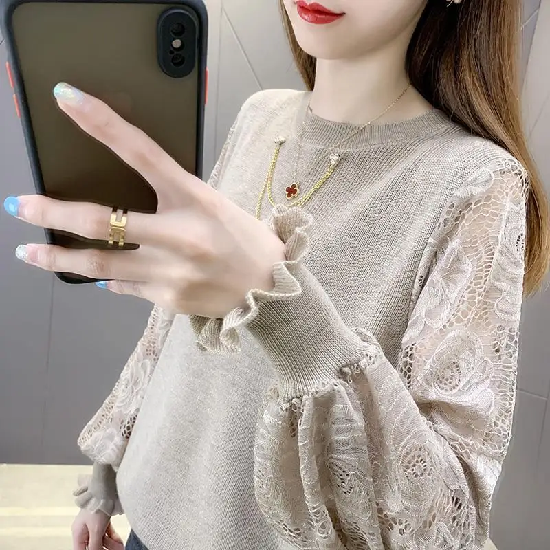 Lace Spliced Fashion Long Sleeve Loose Knitted Sweaters Ladies Commuter Thin Jumpers Autumn Elegant Women\'s Clothing for 2022