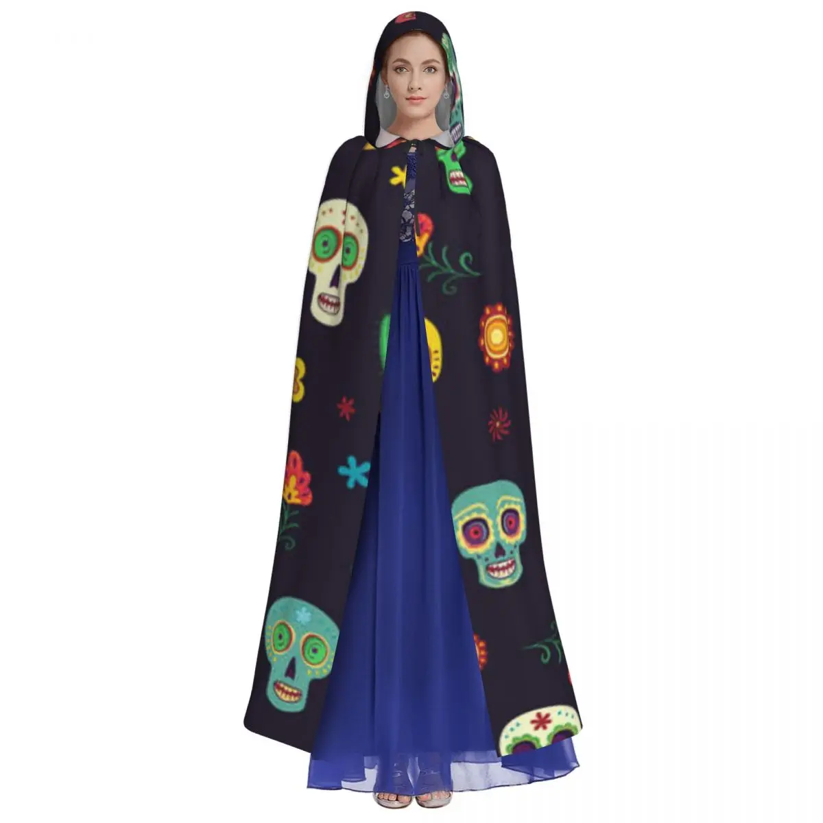 Adult Halloween Mexican Sugar Skulls Cloak Cape Hooded Medieval Costume Full Length Dress Coat