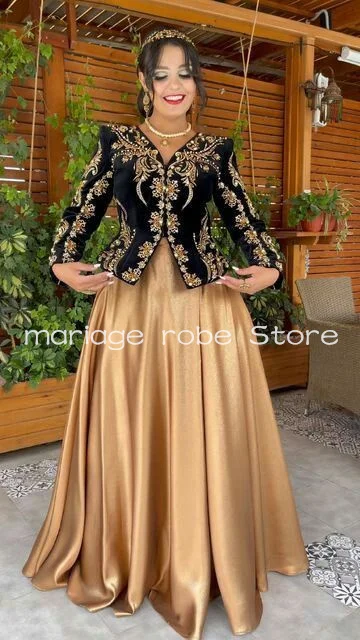 Black Champagne Arabic Caftan Evening Formal Dress Velvet Applique Embroidery Karakou algérien Albanian Prom Dresses Outfit