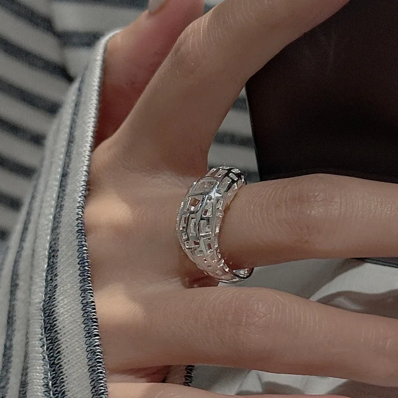 Sterling Silver Openwork Ring Vintage Korean Style Minimalist Wholesale Stacking Jewelry Gift for Women