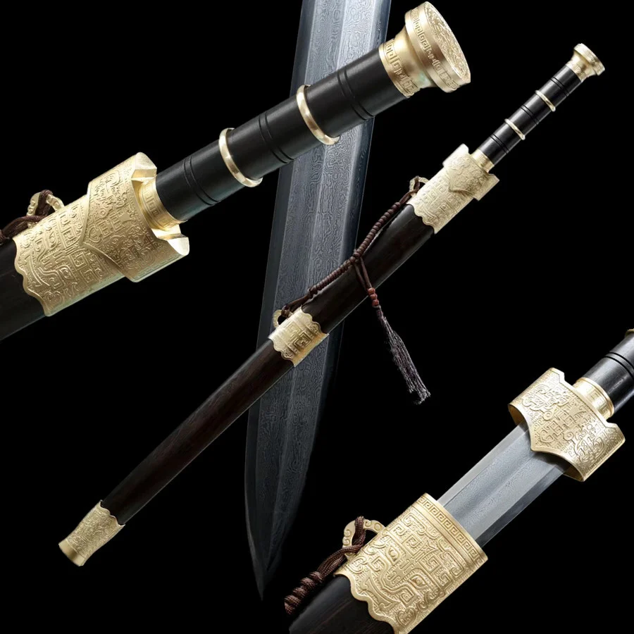 

High Quality Kungfu Sword Jian Chinese Han-Jian Beautiful Clay Tempered Damascus Steel Blade Ebony Sheath Copper Fittings New