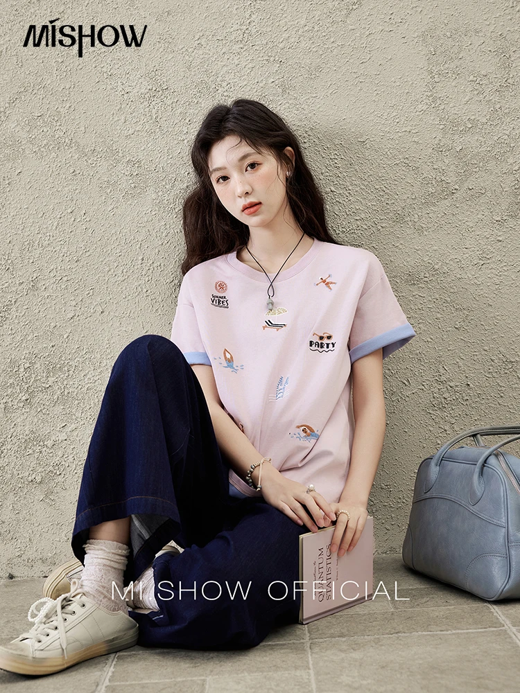 MISHOW جينز صيفي غير رسمي للربيع والصيف للنساء 2025 جينز عالي الخصر بخياطة كشكش للسيدات موضة جديدة بنطال ذو قصة أرجل واسعة MXE16K0907