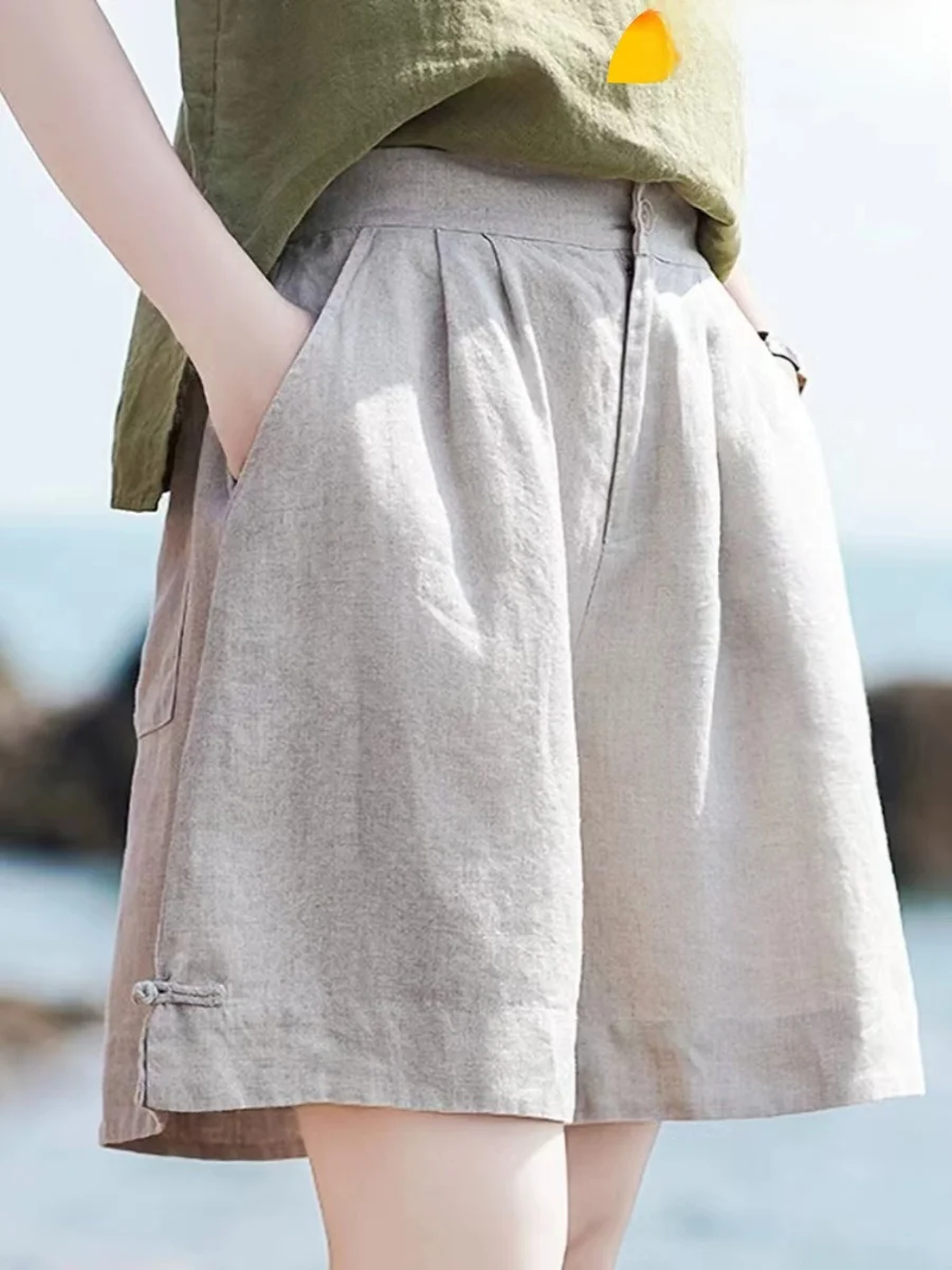 

Новые китайские винтажные хлопково-льняные брюки с широкими штанинами на пуговицах для женщин, свободные, стройнящие, повседневные, льняные, длиной до колена