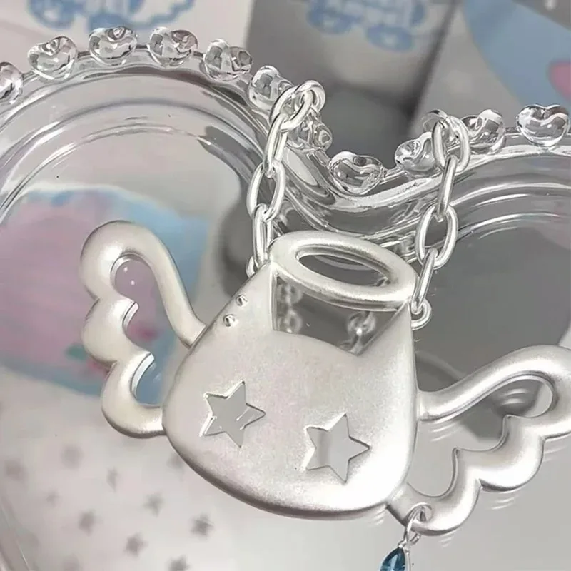 New Y2K Jewelry Wing Cat Punk Pendant Necklace for Women Korean Fashion Blue Crystal Star Pendant Necklace Charm Accessories