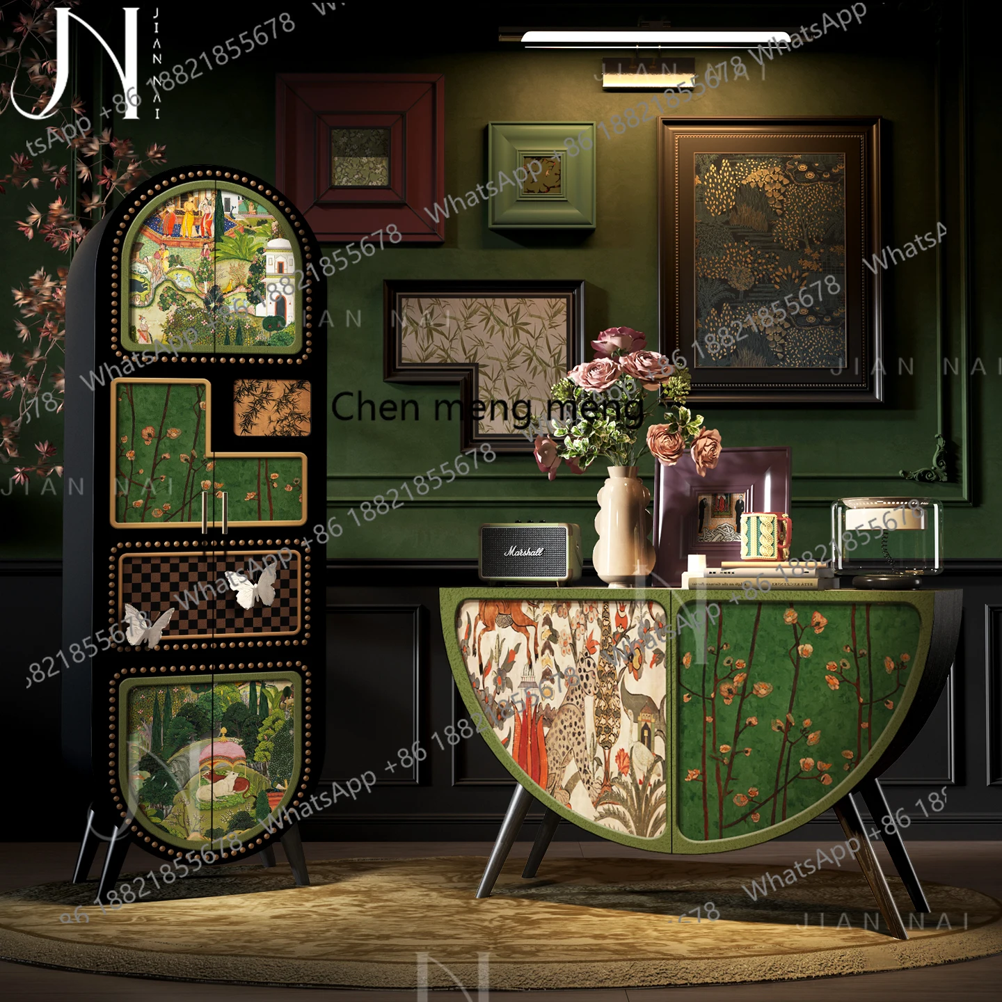 

French retro solid wood semi-round entrance cabinet living room against the wall for storage integrated dining room wine cabinet