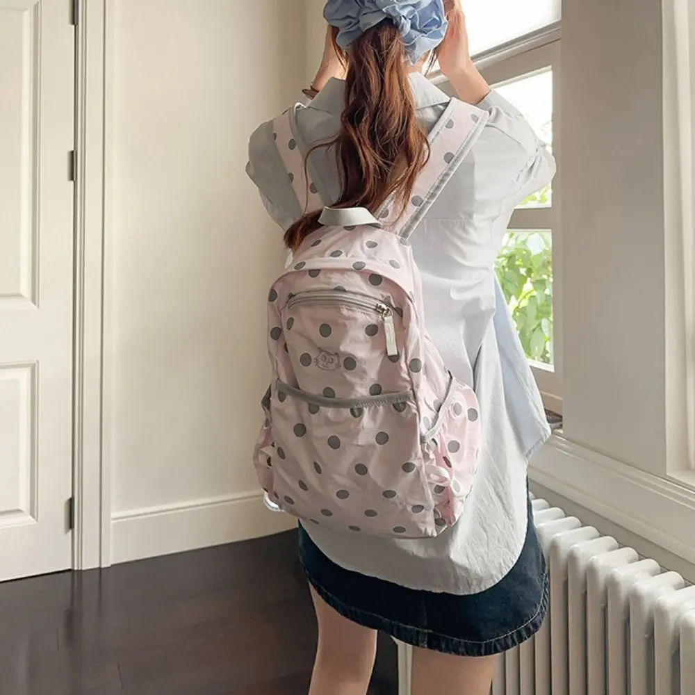 Fashion Sweet Polka Dot Backpack Minimalist Large Capacity Nylon Rucksack Durable Embroidered Cat Student School Bag Daily
