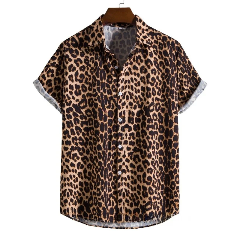 

Trendy Digital Printed Leopard Print ort SVE Men's irt Polyester Summer Season ort Sve round Ne Easy Care Maintenance
