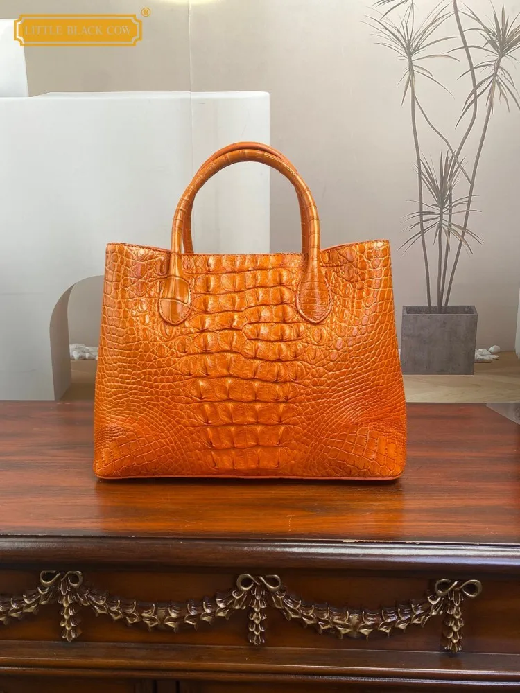 New Women Fashion Orange Crocodile Genuine Leather Bag Casual Totes Handbag Office Ladies Elegant Single Shoulder Crossbody Bags