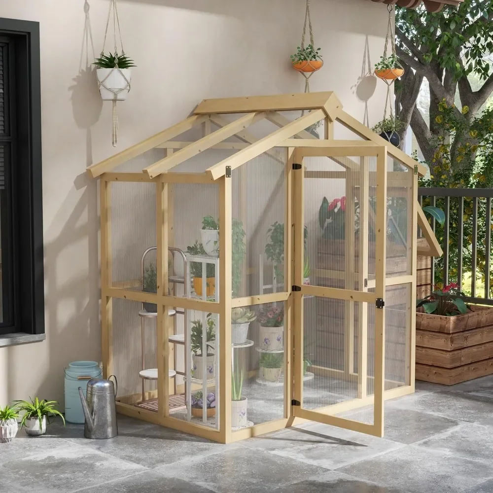 Greenhouse 6.5' x 4' x 6.7' in Automatic Temperature Window and Lockable Door,Plant Gardening Hobby Green House  Fir Wood Frame