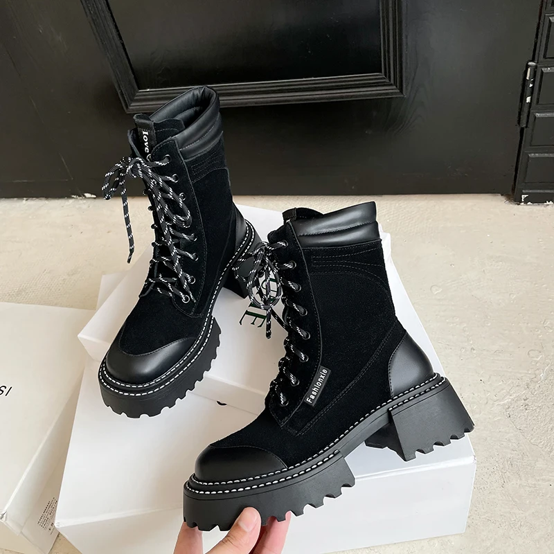 Bottes de chevalier en cuir cousues pour femmes, baskets rétro, semelle optique, sangle rehaussée, style punk, voiture, nouveau