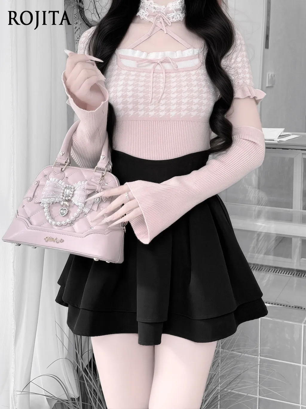 Light Pink Girly Romantic Lolita Handbag Lolita Subculture Japanese Mass-produced Shell Bag Dome Purse with Rhinestone