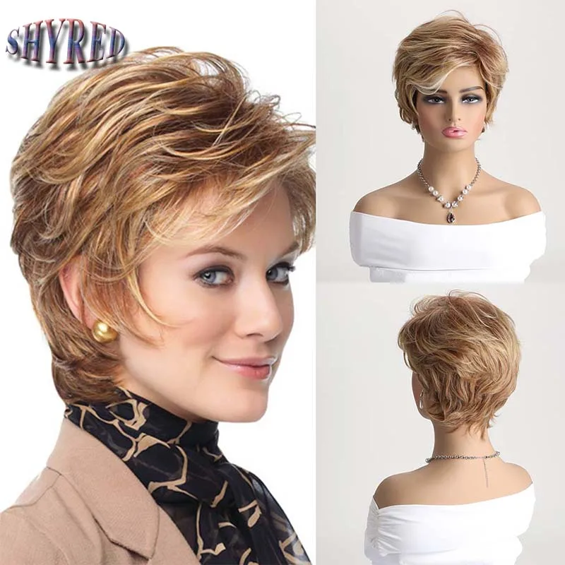 

Short Wavy Synthetic Wigs for Women Layered Hair Daily Wear Short Brown Mixed Golden Yellow Wig with Bangs