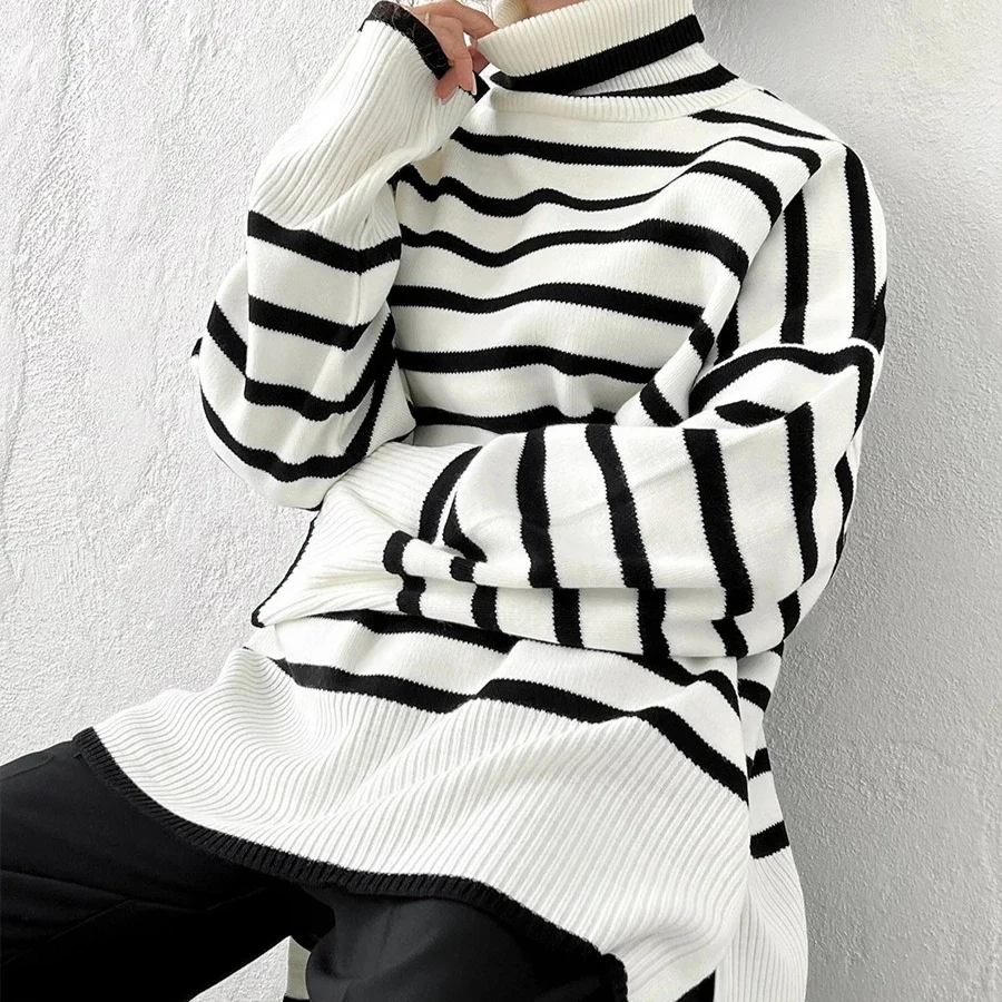 Pullover lavorati a maglia a righe nere per donna Maglioni casual eleganti a maniche lunghe Autunno Inverno Moda dolcevita maglione allentato 2025