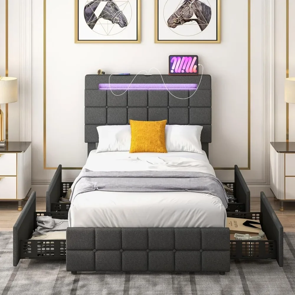 

Bed Frame with LED Lights and 4 Drawers, Upholstered Platform Bed Frame with USB Ports, Tufted Adjustable Headboard Design