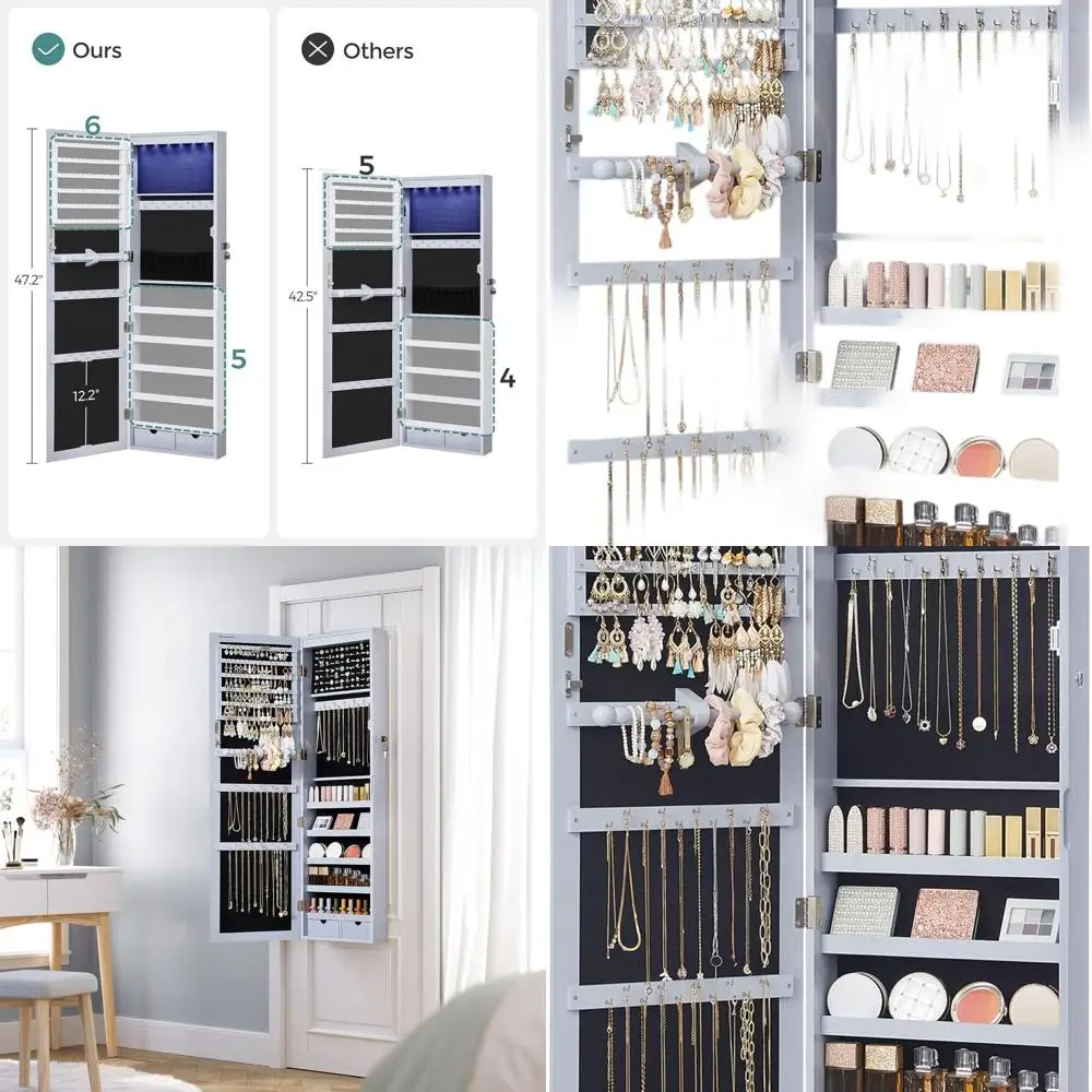 

Запираемый настенный шкаф для украшений высотой 47,2 с зеркалом, 2 ящиками, серый, идеальный рождественский подарок